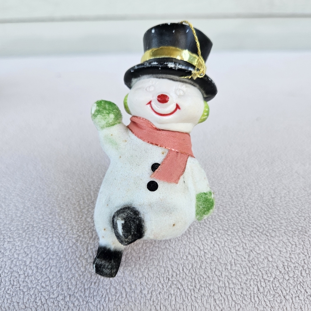 VTG Celluloid Flocked Frosty Snowman Hanging Ornament MCM Kitsch Hong Kong